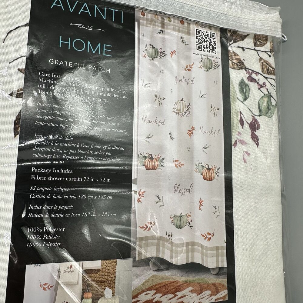 Avanti Linens Fabric Shower Curtain Pumpkins Grateful Patch 72"x 72" White